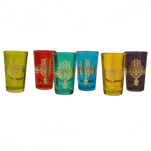 WORLD TRAVELER Moroccan Tea Glasses w/ Gold Hamsa Hand Design Set of 6 NWT - Picture 1 of 9